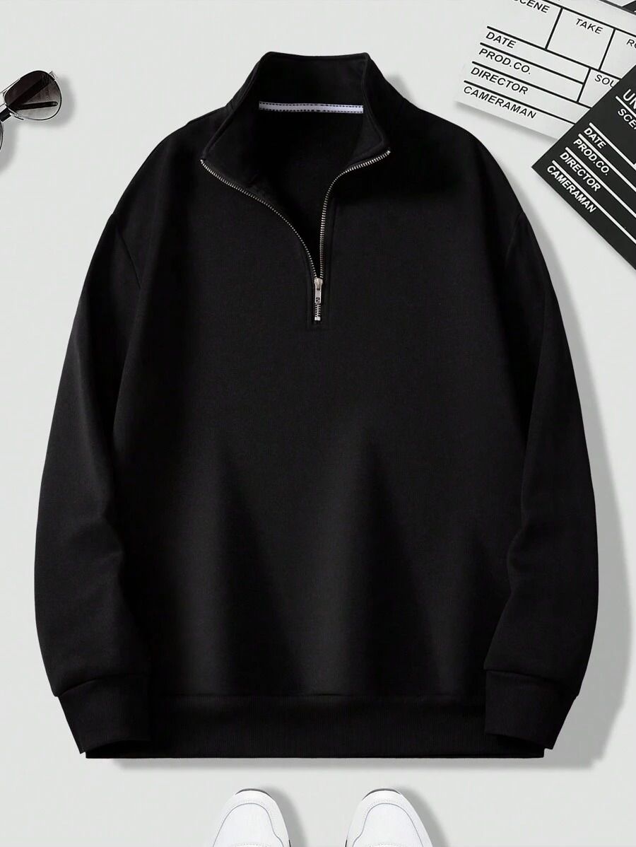 CotiQ Men Full Sleeve Black Solid Sweatshirt